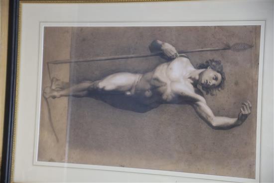 Two late Victorian charcoal and chalk art school studies of standing male nude and similar in classical poise, 65 x 40cm approximately